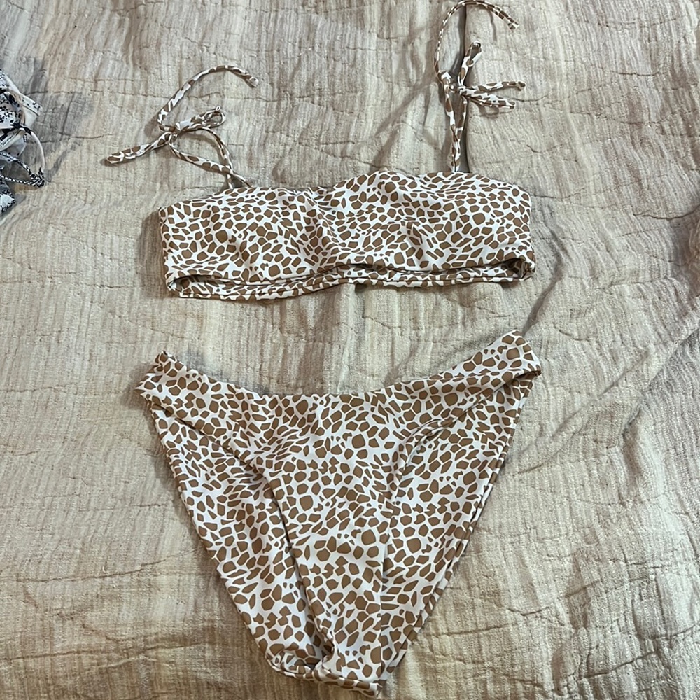 aurelle swim giraffe print tie shoulder bikini set